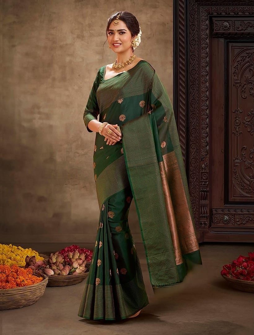 Riya's Enchanted Green Elegance Soft Banarasi Silk Saree WIth Fabulouse Blouse