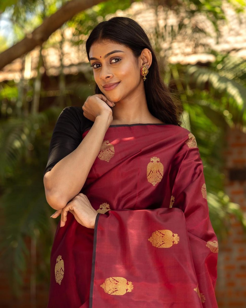 Deep Red Banarasi Silk Saree with Gold Motifs