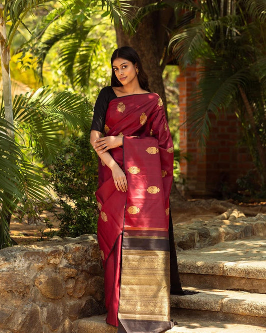 Deep Red Banarasi Silk Saree with Gold Motifs