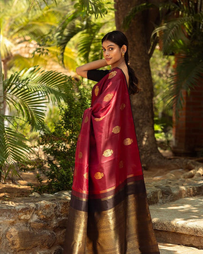 Aditi's Scarlet Gold Elegance Soft Banarasi Silk Saree WIth Fabulouse Blouse