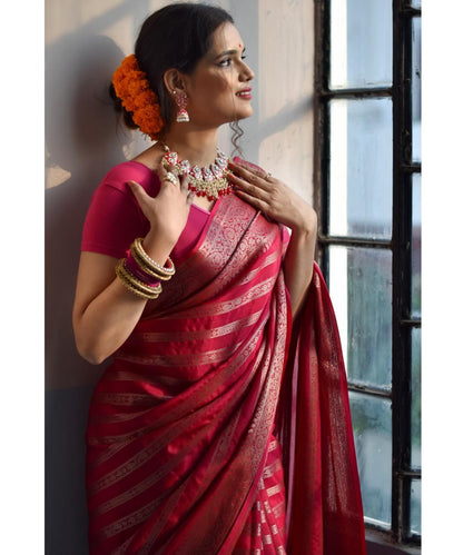 Crimson Regal Aura Soft Banarasi Silk Saree WIth Fabulouse Blouse