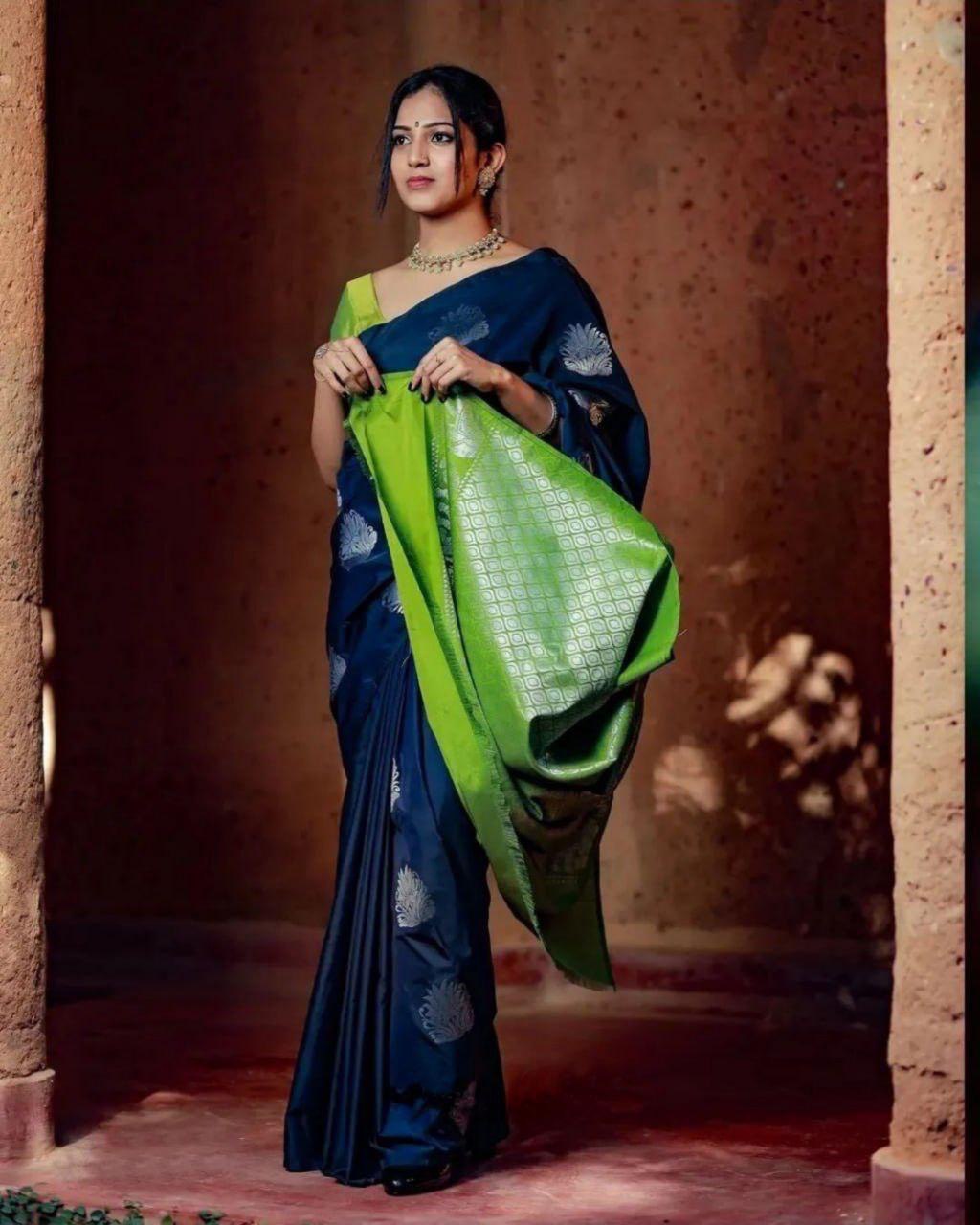 Panthi Navy-blue Soft Banarasi Silk Saree