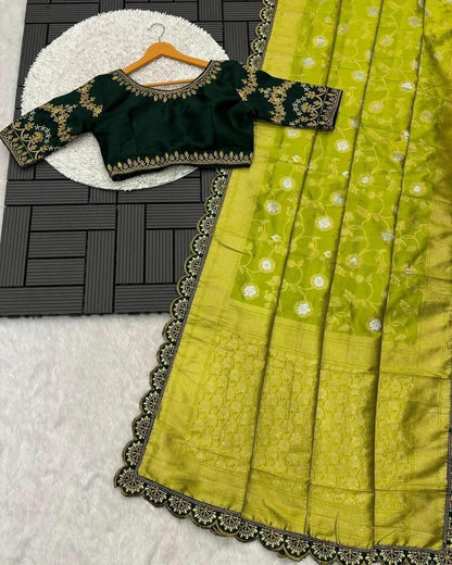 Lina Yellow Banarasi Silk Saree With Stitched Blouse