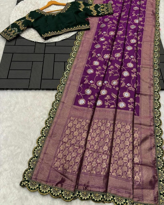 Lina Wine Banarasi Silk Saree With Stitched Blouse