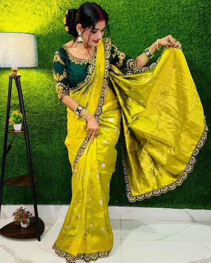 Lina Yellow Banarasi Silk Saree With Stitched Blouse