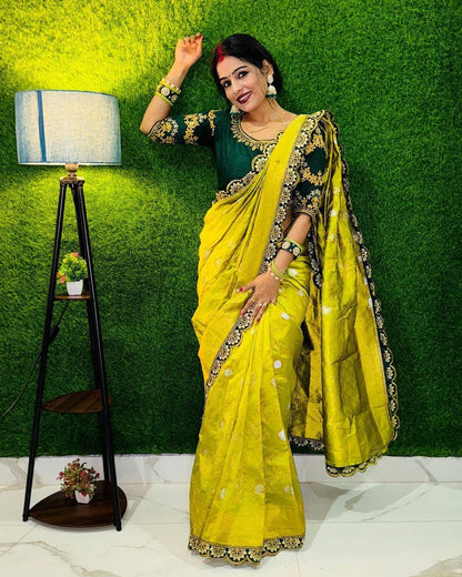 Lina Yellow Banarasi Silk Saree With Stitched Blouse