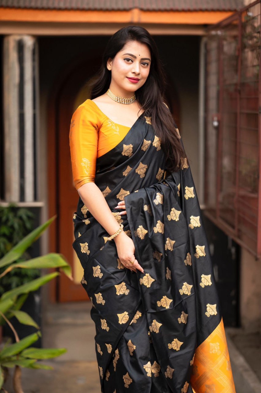 Surya Black-Yellow Banarasi Silk Saree