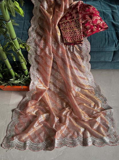 Pavitra Peach Tissue Silk Saree With Ready to Wear Blouse