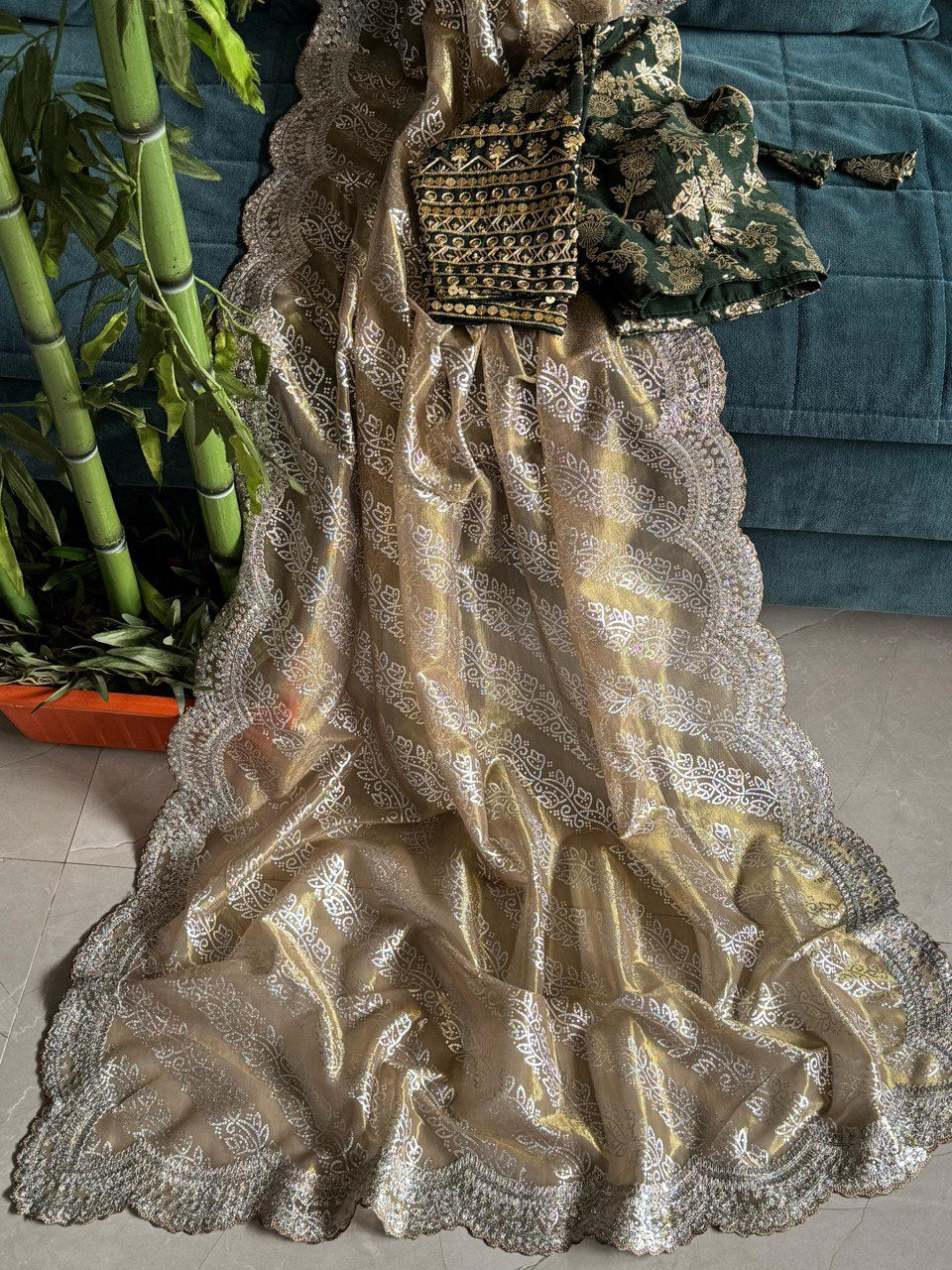 Pavitra Golden Tissue Silk Saree With Ready to Wear Blouse