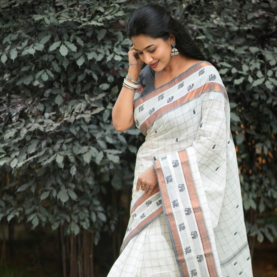 Shreya White Cotton Silk Saree