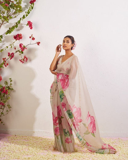 Hetu White Ready To Wear Handworked Organza Saree