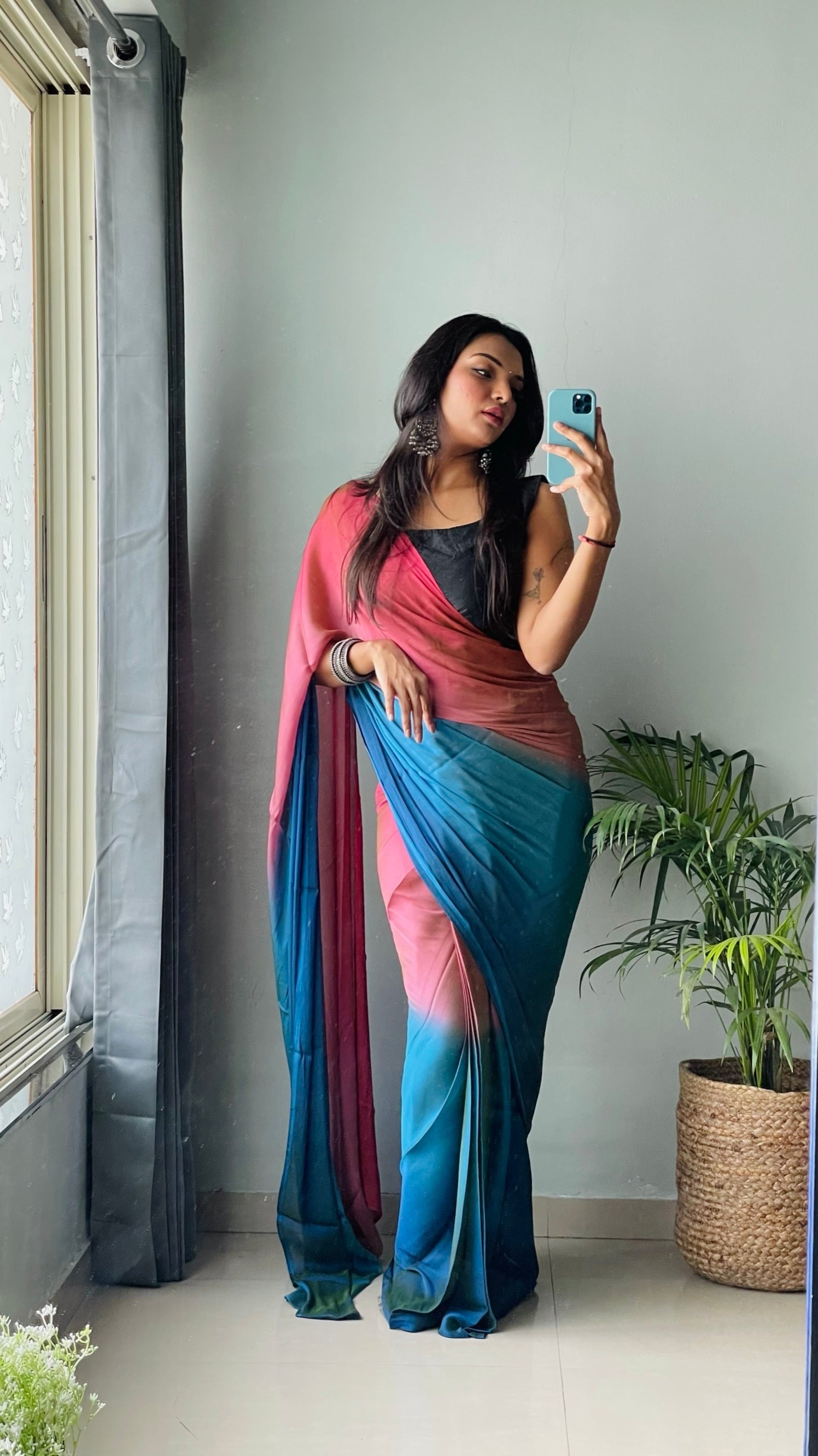 1 MIN Ready To Wear Pink-Sky Blue Dual shade Saree - Peacock