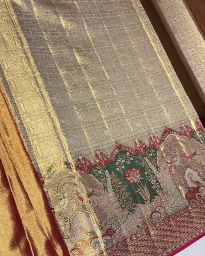 Nirmal - Antique Gold Heritage Elephant Silk Saree