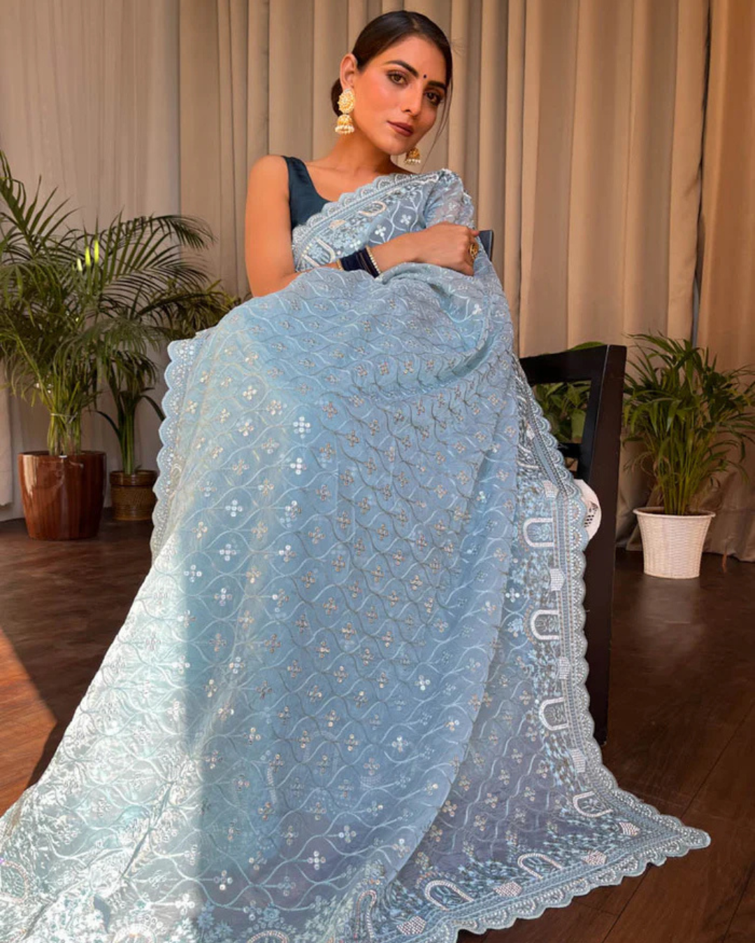 Azure Bloom - Organza Silk Saree