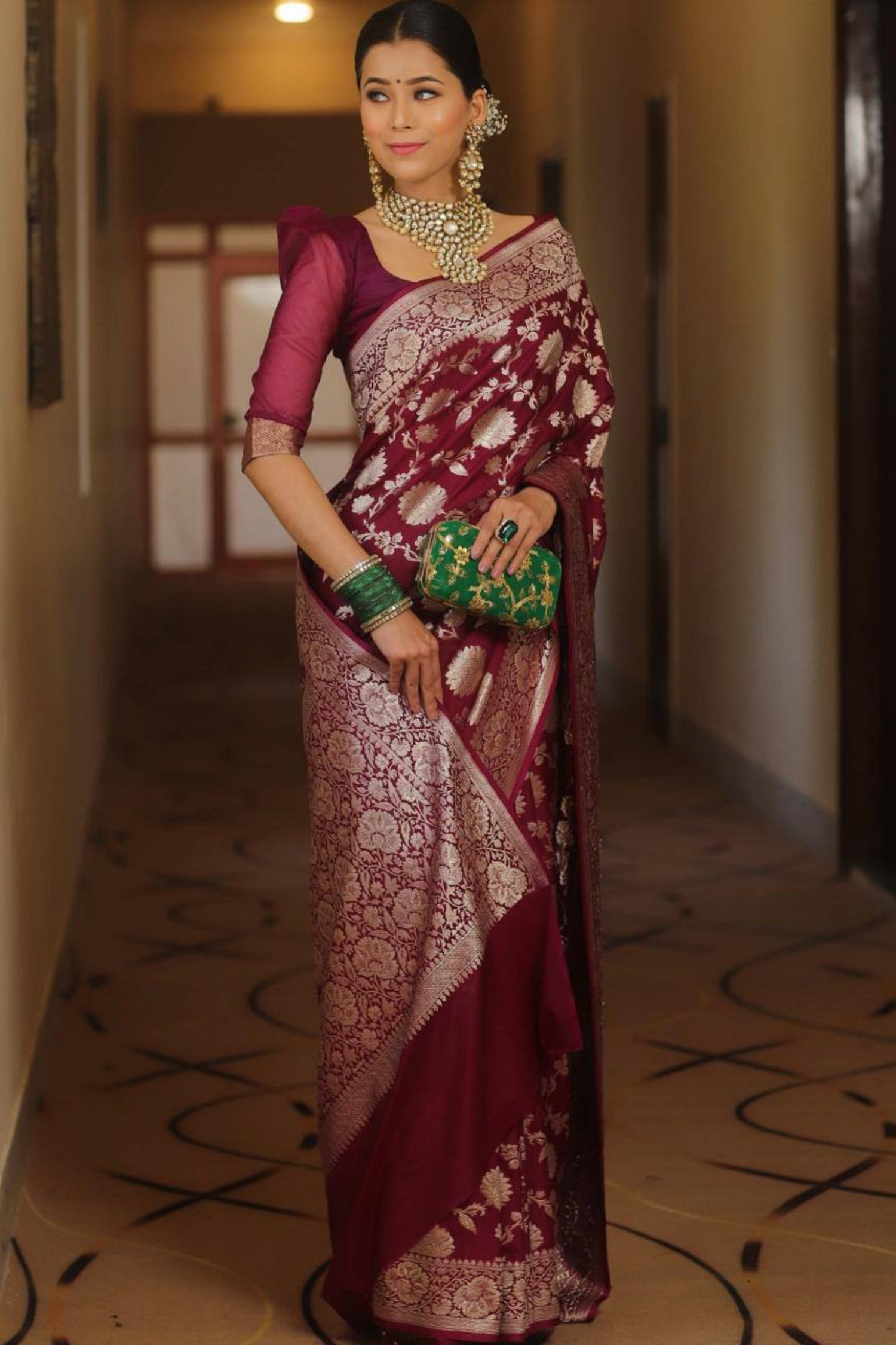 Burnished Sunbeam - Wine Lichi Soft Silk Saree