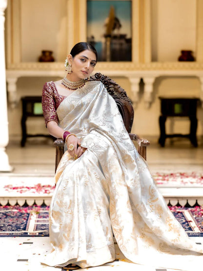 Hema White Banarasi Silk Saree