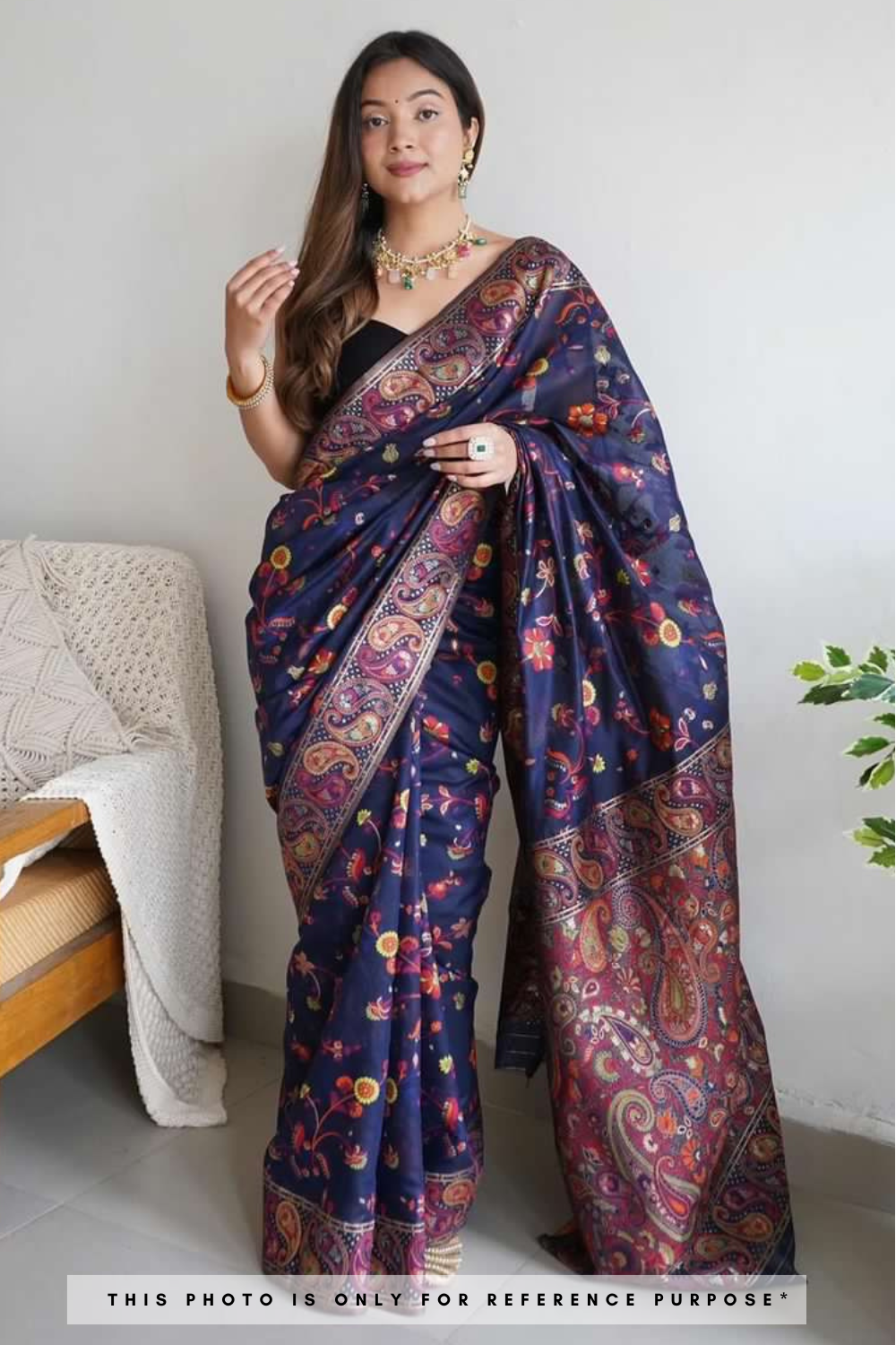 Meera Navy Blue Kashmiri Pashmina Silk Saree