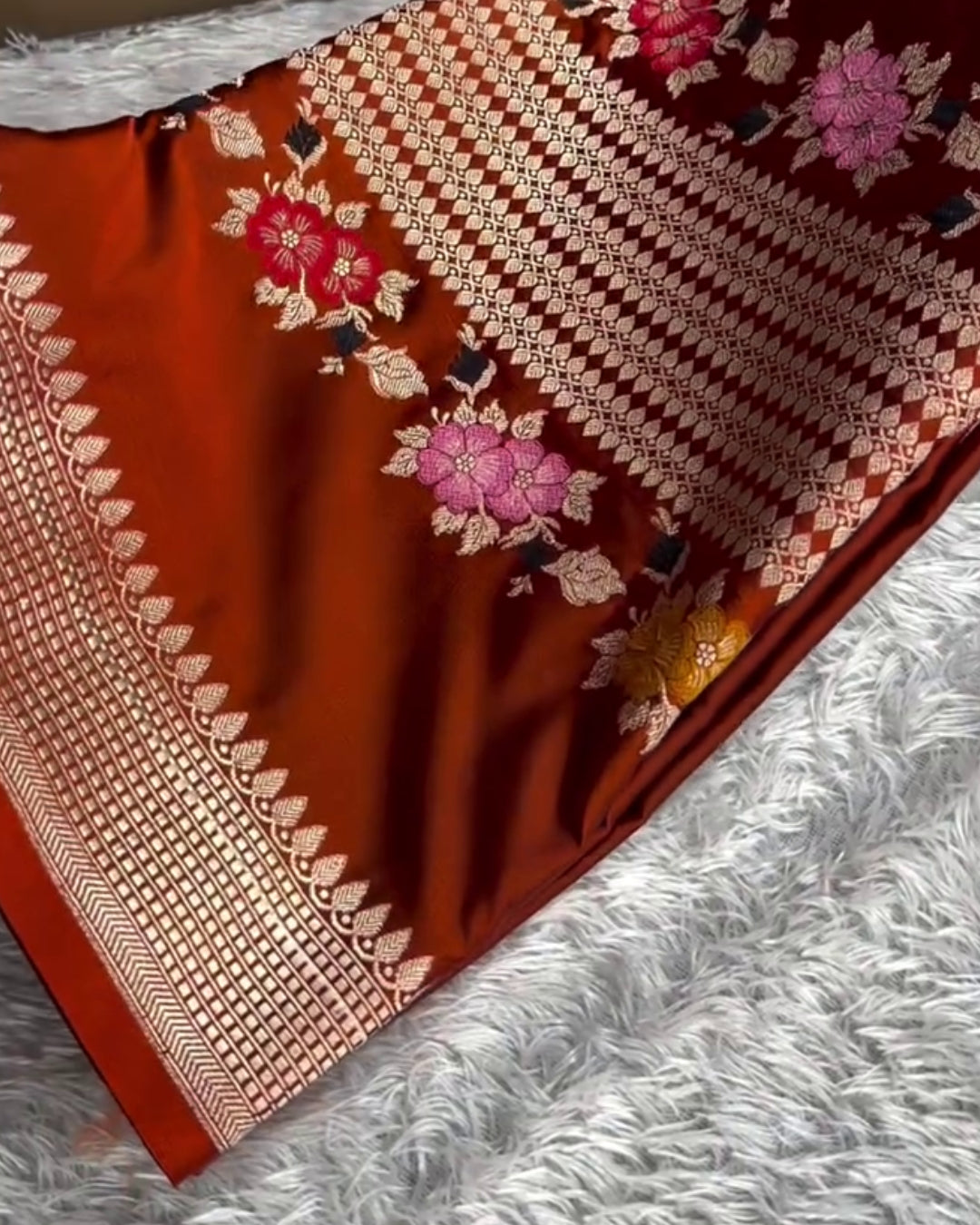 Vedika - Rust Orange Maroon Festive Floral Zari Saree