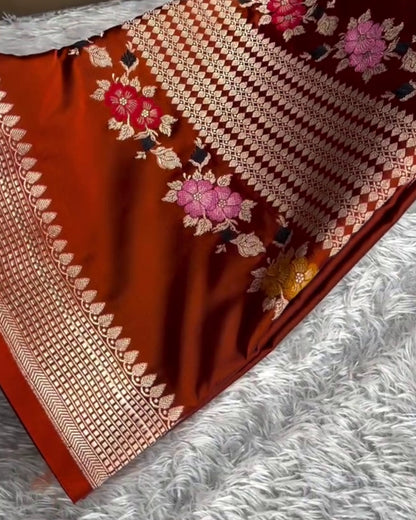 Vedika - Rust Orange Maroon Festive Floral Zari Saree