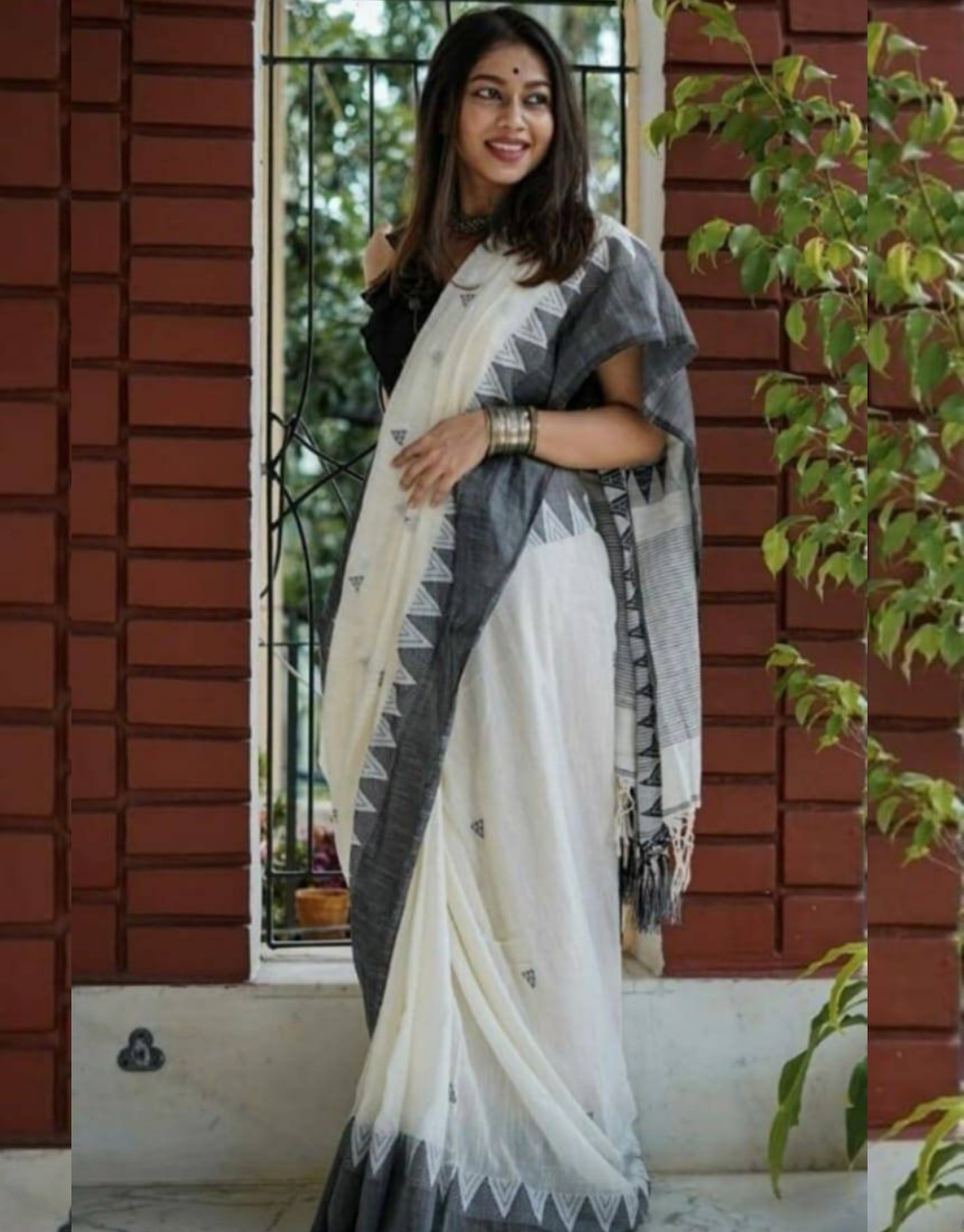 Maitri White-Black Manipuri Cotton Saree