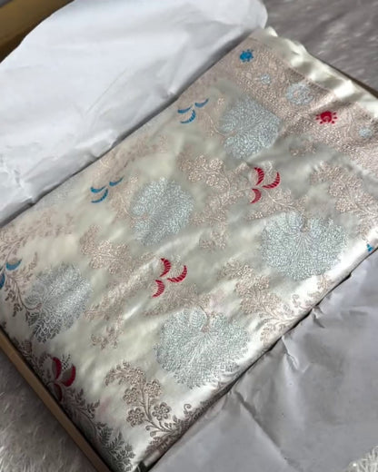 Manya - Ivory White Silver Zari Banarasi Saree