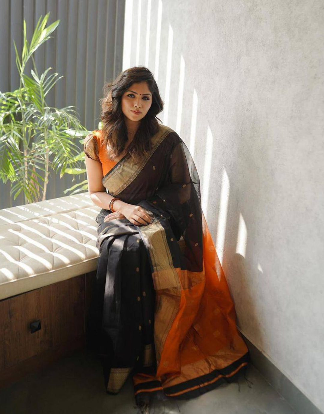 Kala Black-Orange Cotton Silk Saree