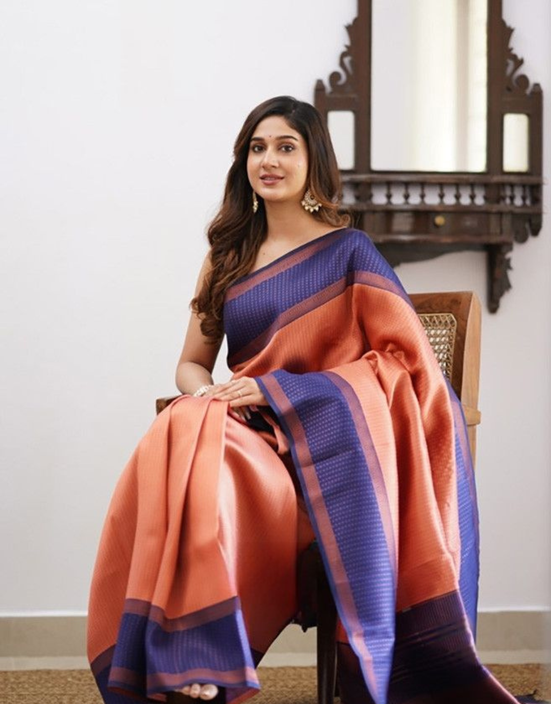 Nishu Dark Peach Kanchipuram Silk Saree With Attached Blouse