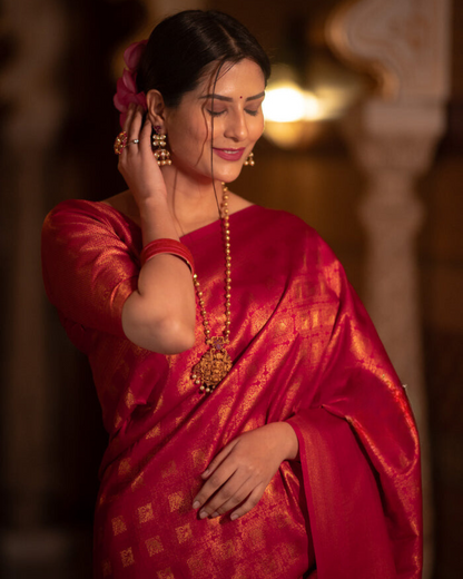 Golden Garnet - Handwoven Banarasi Silk Saree