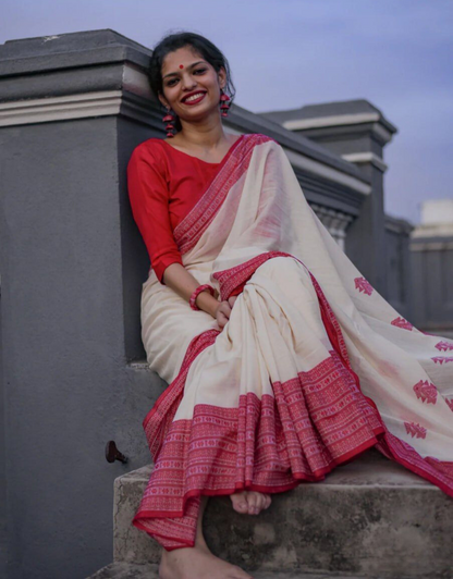 Noor White-Red Manipuri Cotton Saree