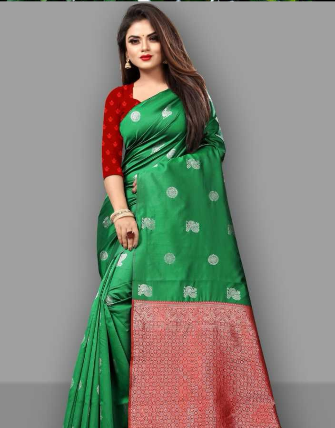 Green-Red Style Traditional Soft Silk Sari With Attached Blouse