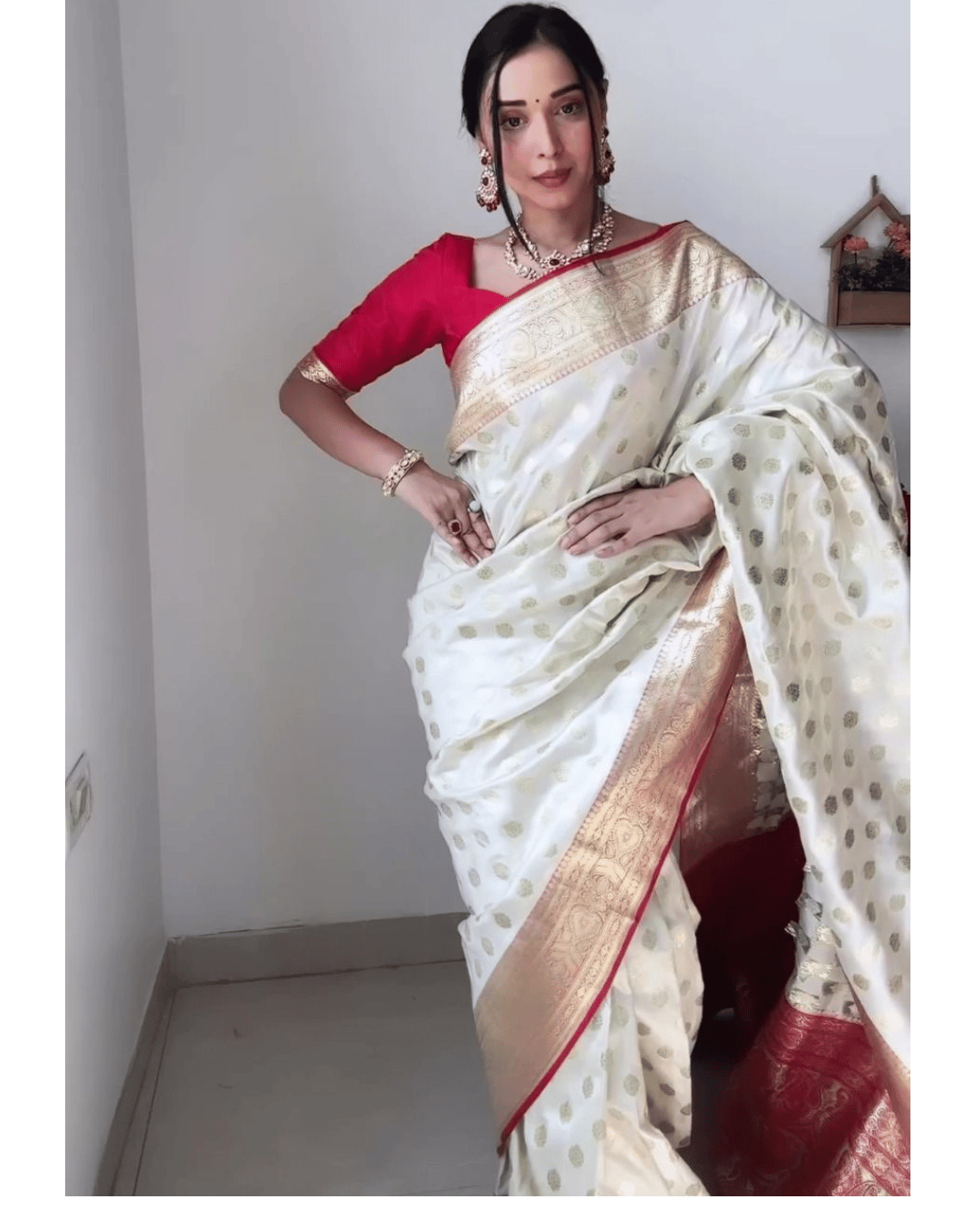 Rihana White Litchi Silk Ready to Wear Saree