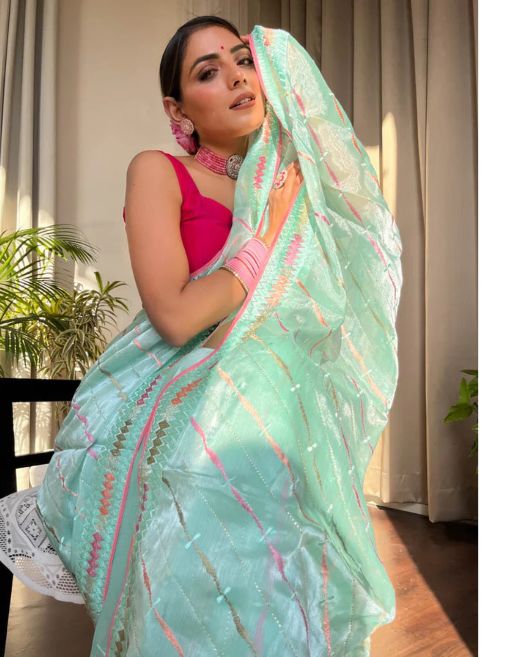 Aqua Whisper - Organza Silk Saree