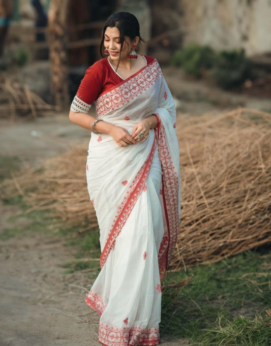 Jarvika White Cotton Silk Saree