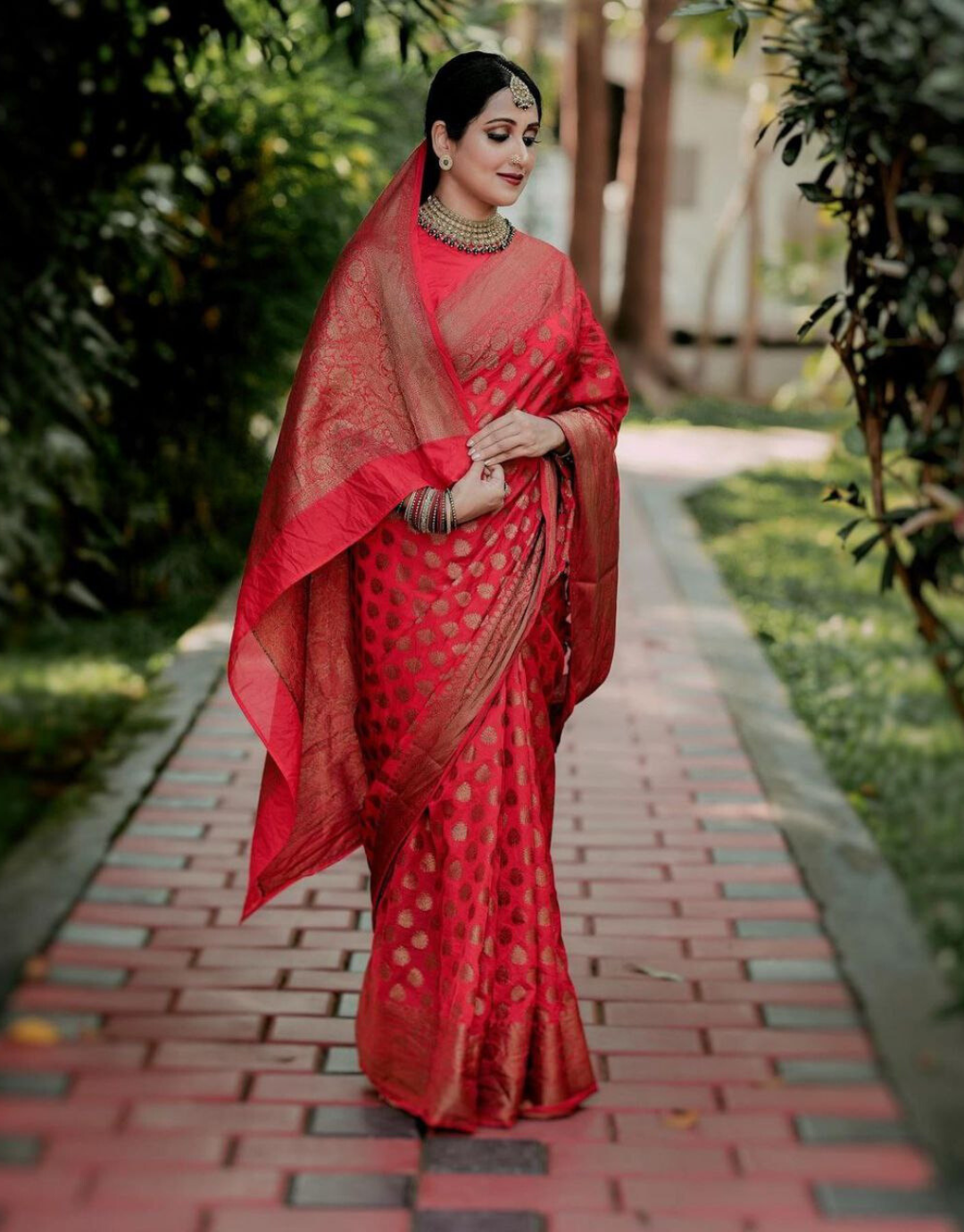 Reema Red Soft Banarasi Silk Saree With Attached Blouse