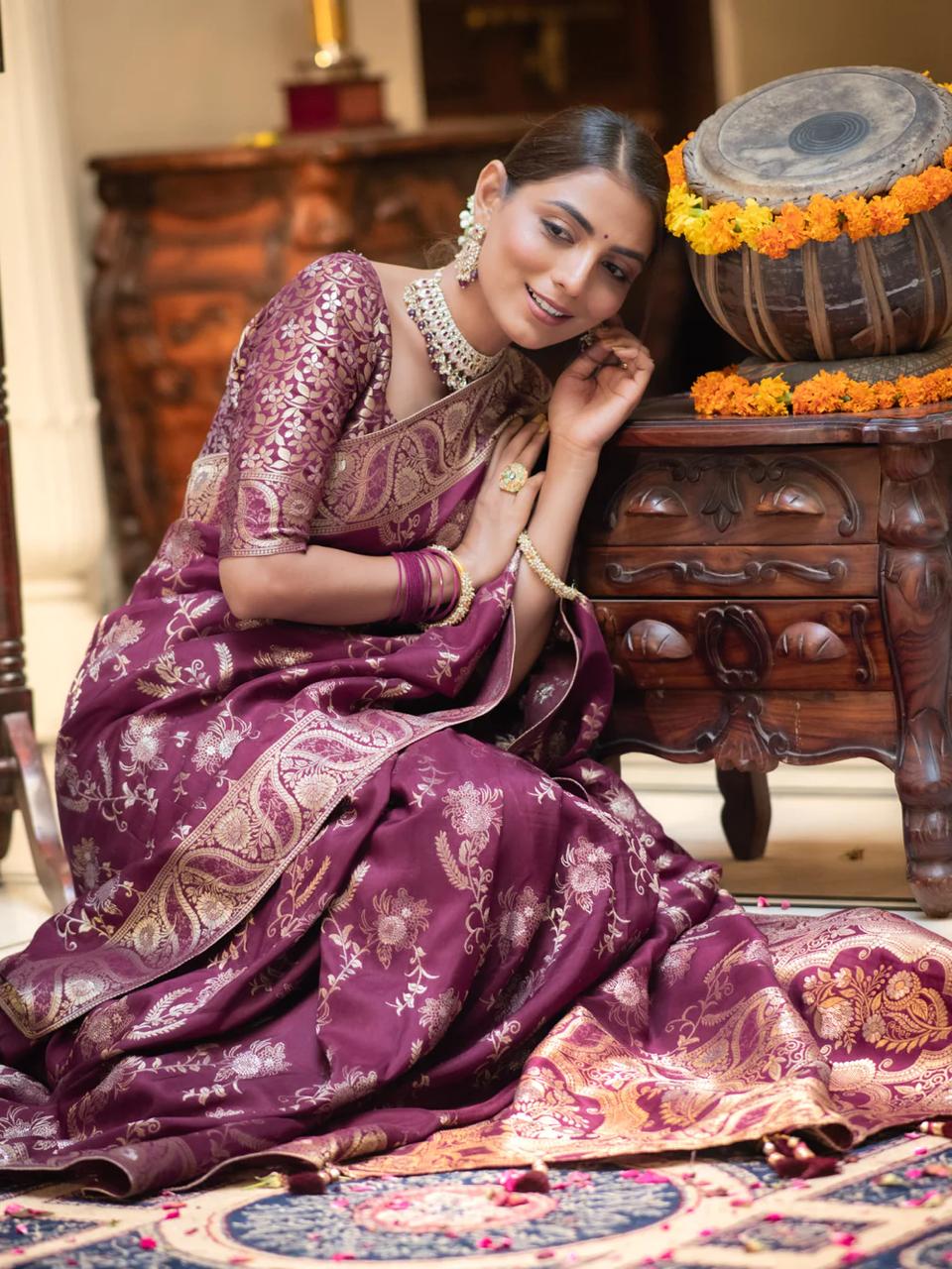 Hema Wine Banarasi Silk Saree