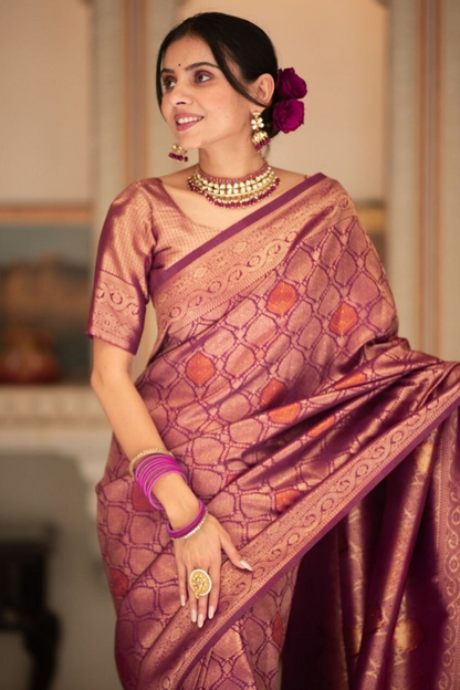 Blush Gleam - Plum - Banarasi Silk Saree