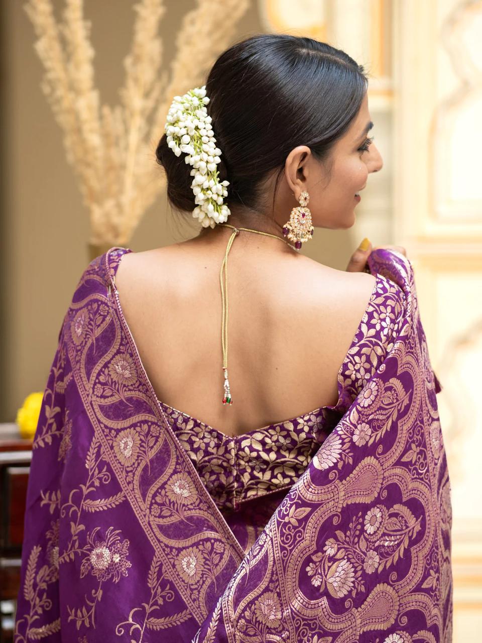 Hema Purple Banarasi Silk Saree WIth Fabulouse Blouse Piece