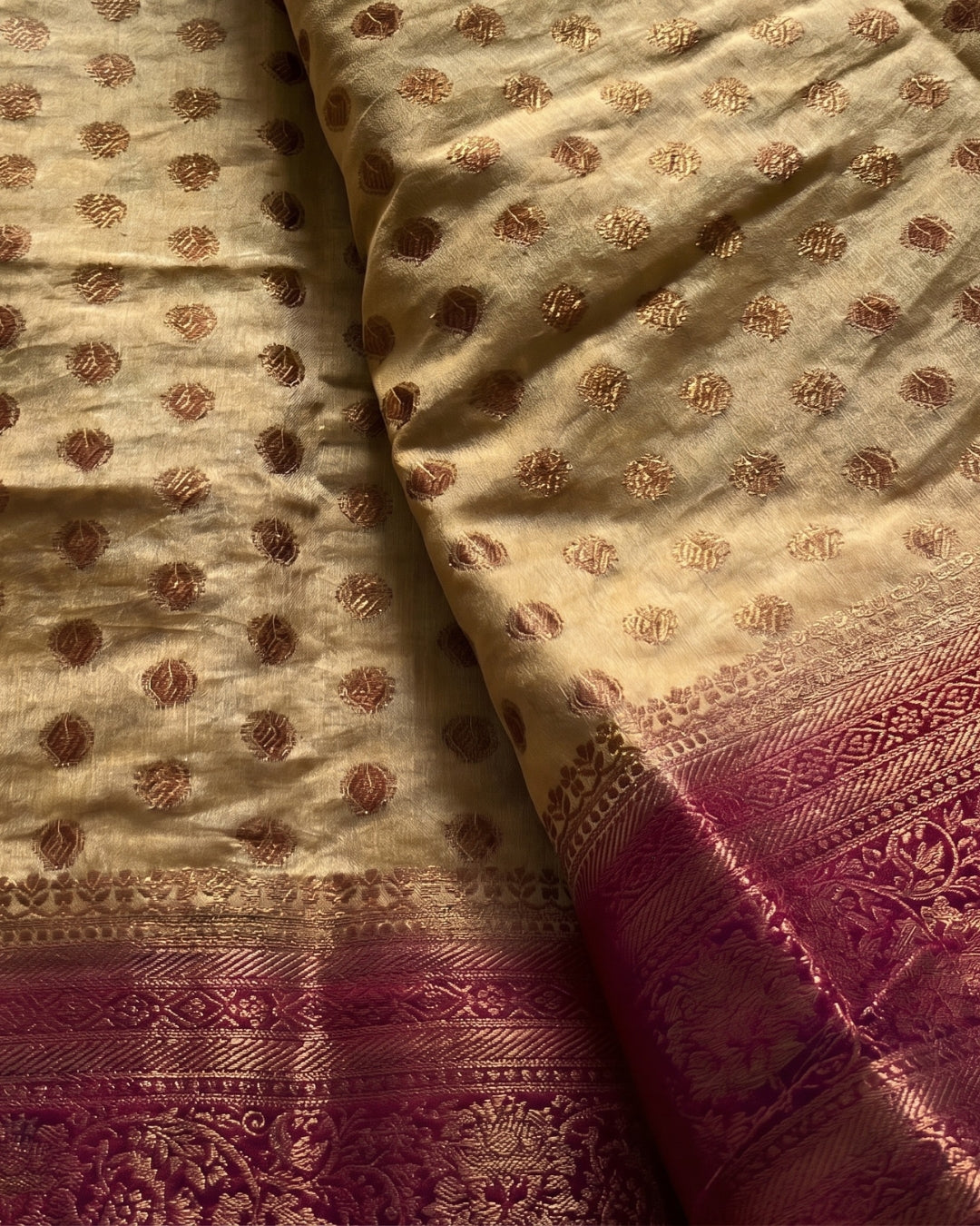 Ruhani - Cream Magenta Heritage Silk Saree