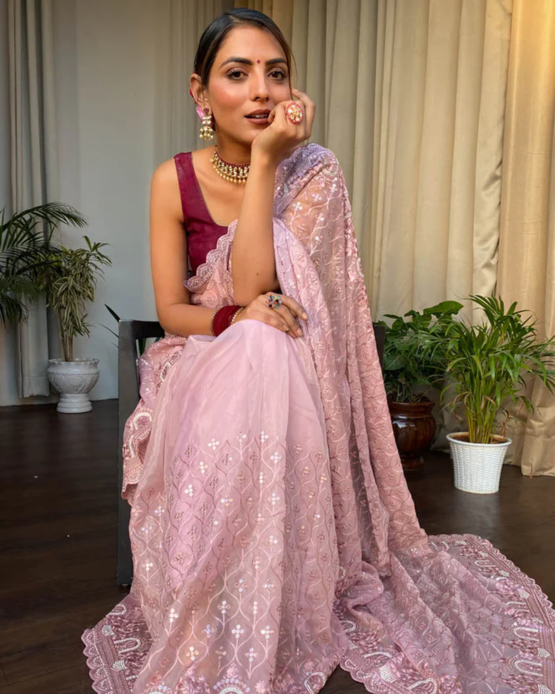 Blush Serenity - Embroidered Net Sare