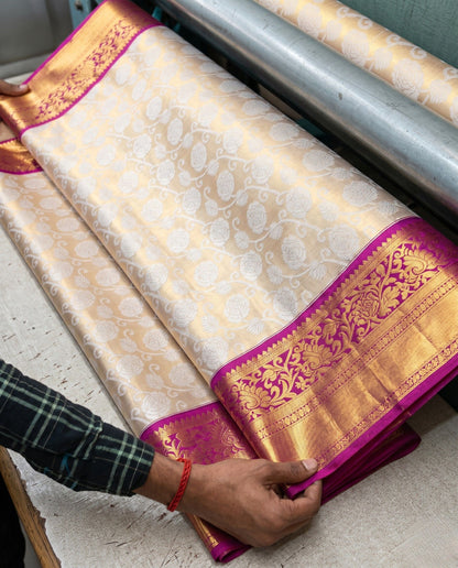 Sarita - Cream Gold Floral Pink Border Kanchipuram Silk Saree