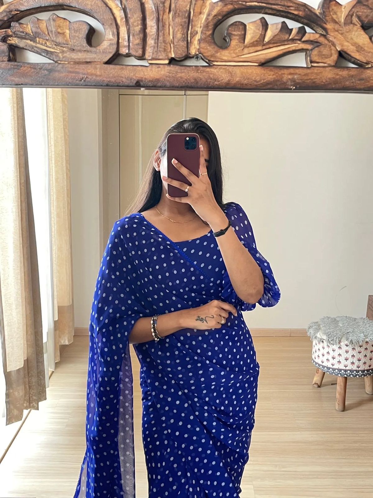 One Min Ready to Wear Royal Blue Dot Saree