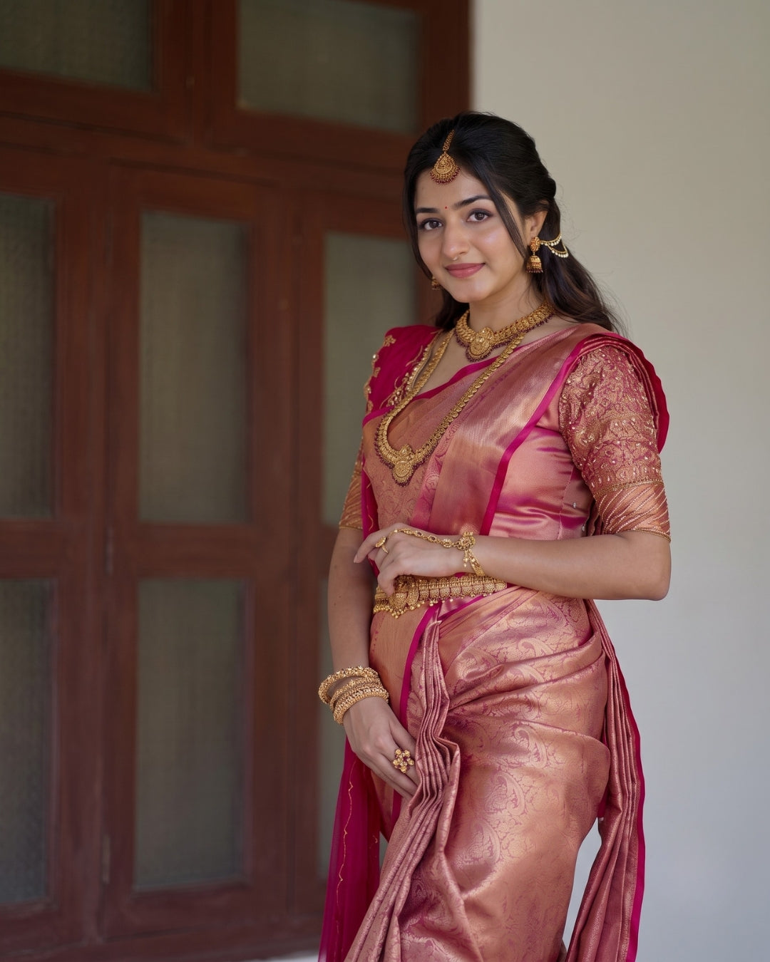 Niva - Rose Gold Banarasi Jacquard Silk Saree