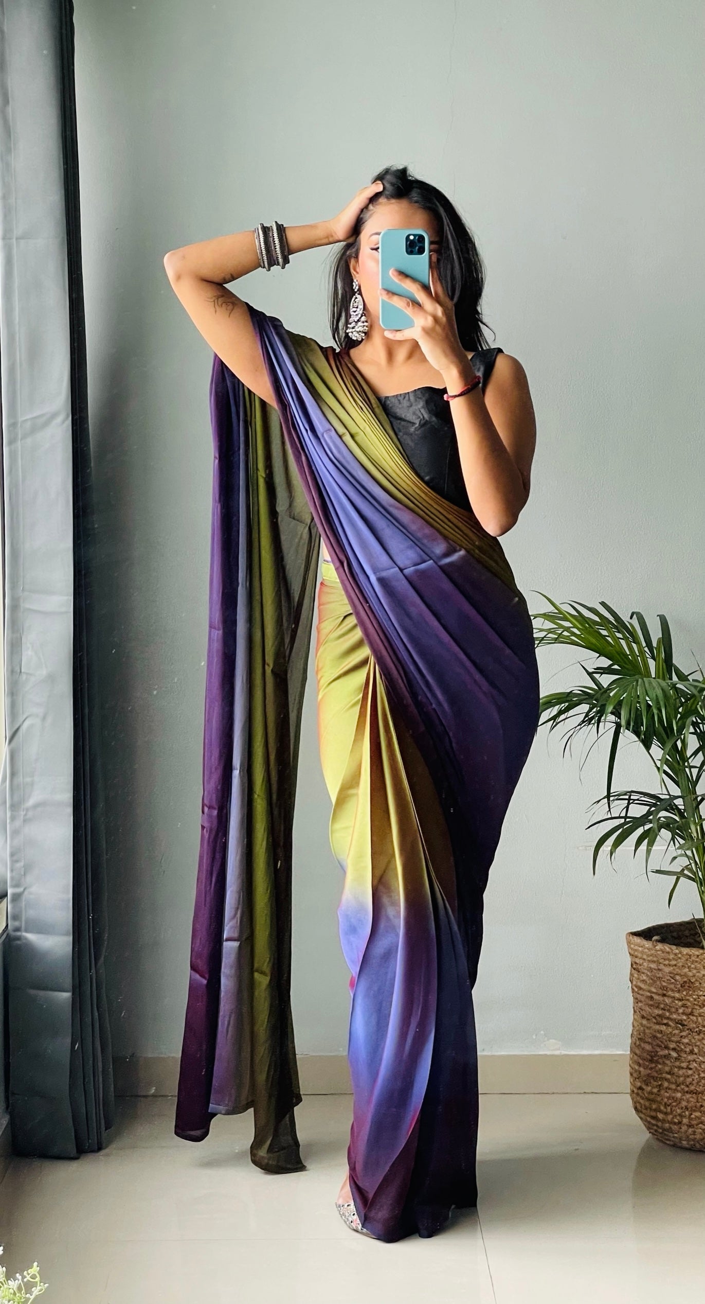 1 MIN Ready To Wear Purple Mehandi Dual shade Saree - Avacado