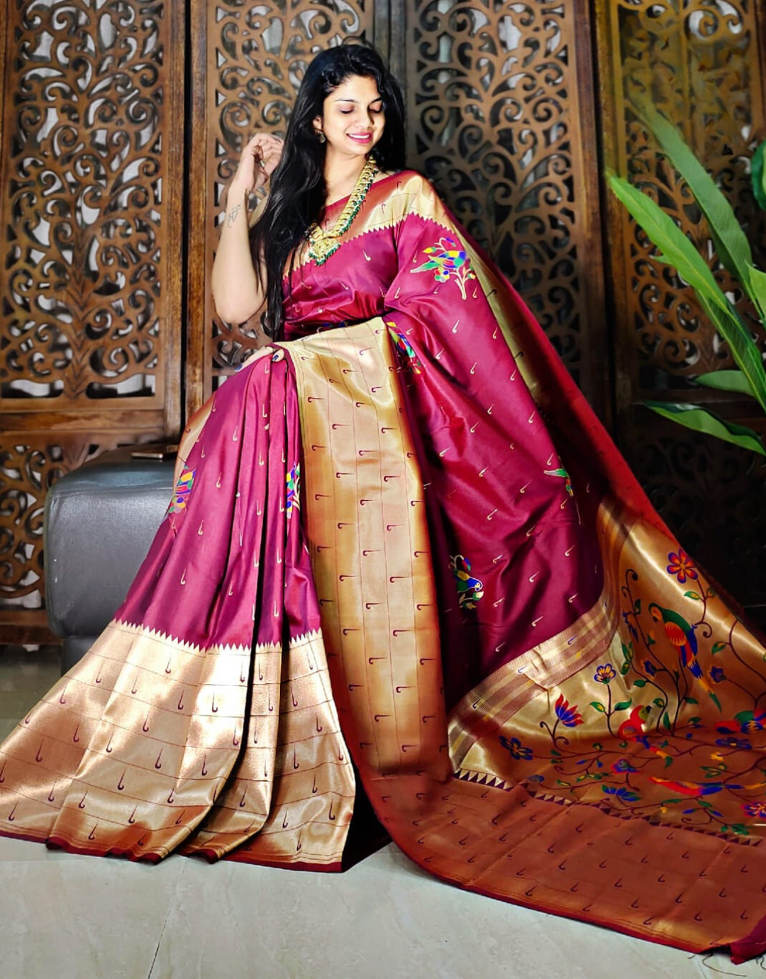 Honey Ruby Pink Paithani Silk Saree