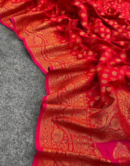 Hetvi Pinkish Red Banarasi Satin Silk Saree