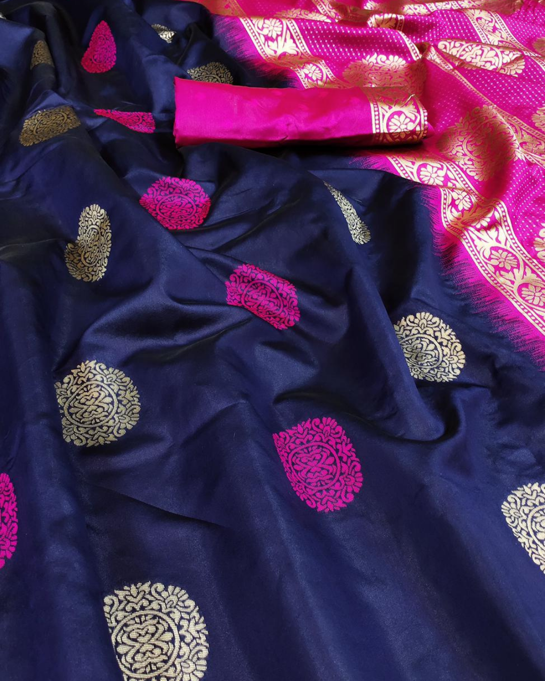 Meghavi Blue Soft Silk Saree With Attached Blouse