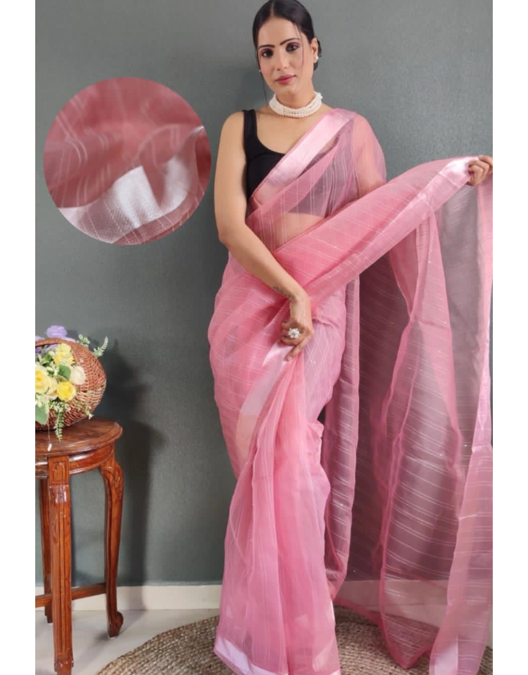 Meena Pink Ready To Wear Organza Saree