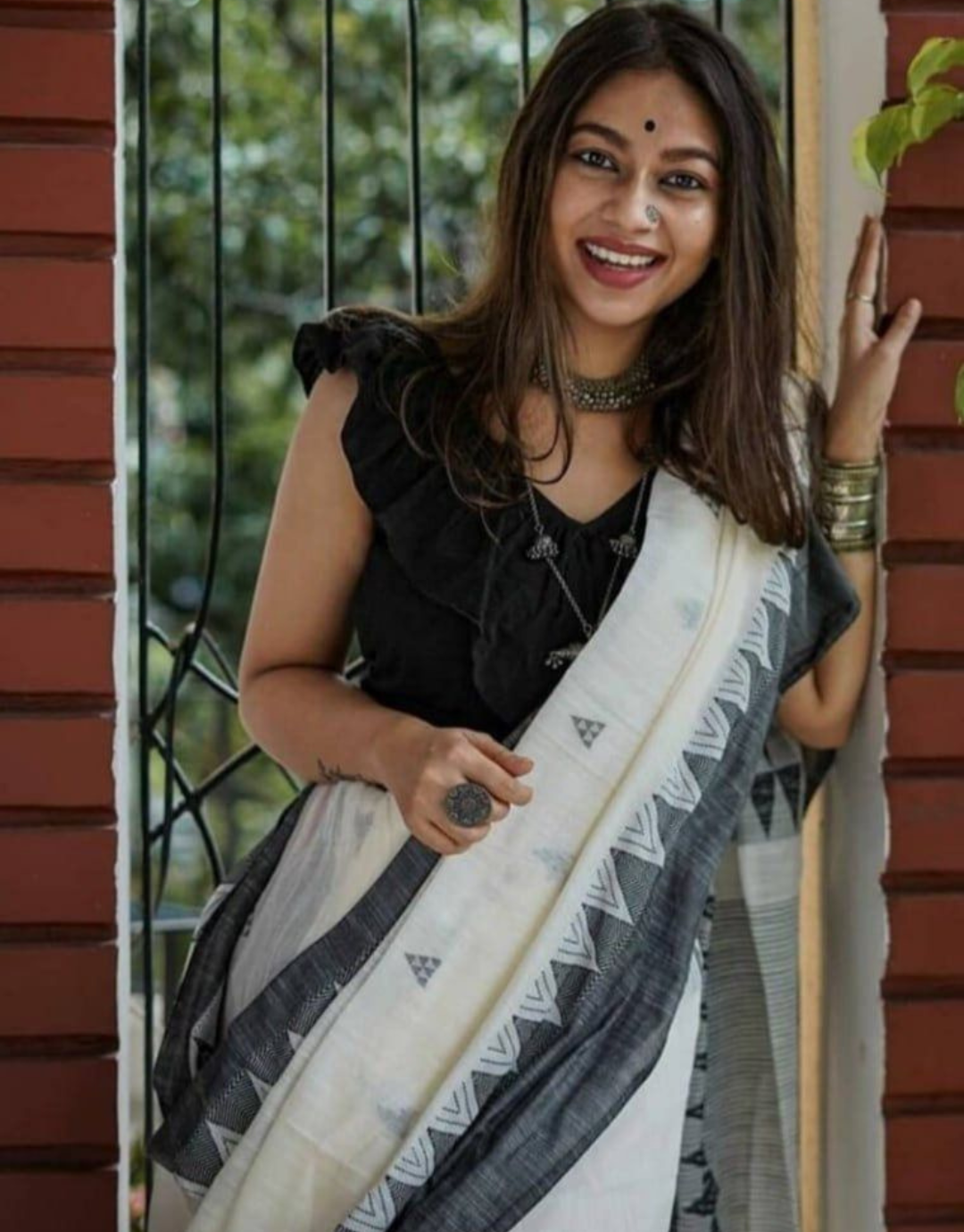 Maitri White-Black Manipuri Cotton Saree