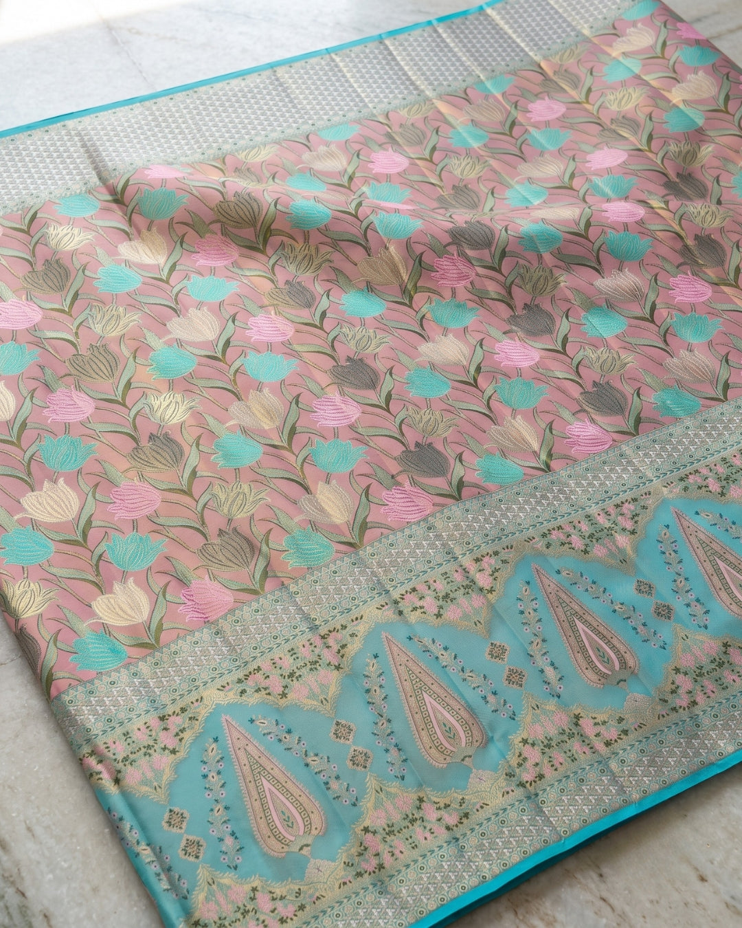 Kiya - Blush Pink Floral Paisley Jacquard Saree