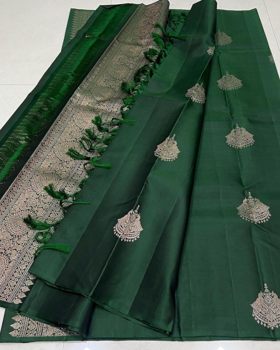 Ishira - Bottle Green Saree with Silver Zari Work